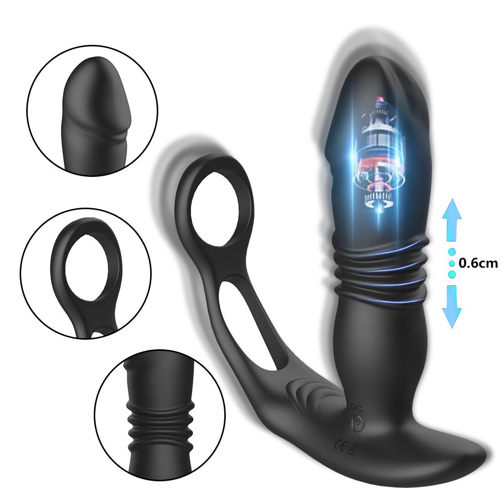 3 in 1 Thrusting Anal Vibrator Remote Control Dildo Prostate Stimulator Massager Delay Ejaculation Cock Ring Sex Toy for Men Anal Plug with Telescopic