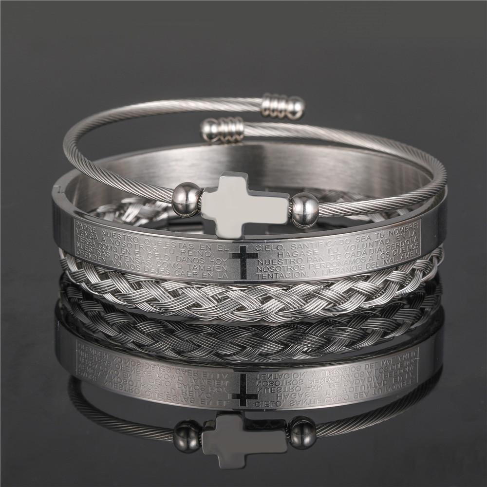 European and American retro crown woven bracelet, Roman letter stainless steel mesh open bracelet set three pieces men