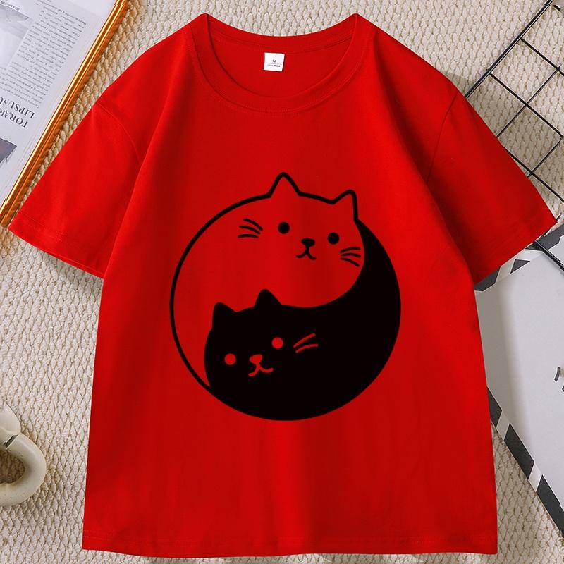 

Yin Yang Cat TShirt Funny Cute Kawaii Kittens Tee Cotton Short Sleeve Summer Round Neck Tshirt Streetwear Basic Tees S