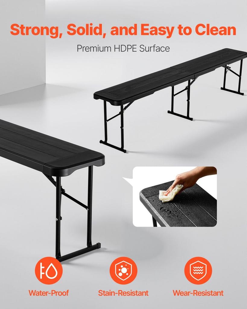 Plastic Folding Bench, 6 ft Portable Bench for Outdoor Picnic Party Camping Dining, Foldable Smooth HDPE Seat for Garden Soccer Multipurpose