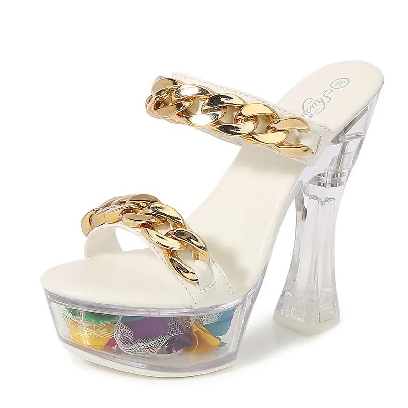 Fashion 14CM Patent Leather Metal Buckle High Heels Thick Heel Super Heel Waterproof Platform Hate The Sky High Slippers Women Slippers