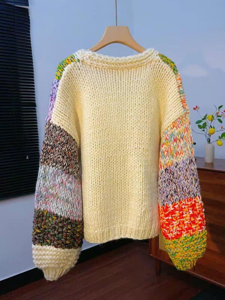 Handmade Distressed Colorful Plaid Color Block Sweater Coat for Autumn/Winter