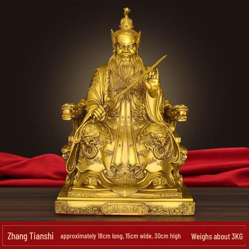 Brass Zhang Tianshi Statue: Zhang Daoling Emperor with Sword for Home Worship.