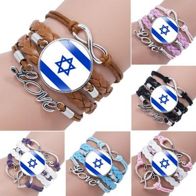Round Israel Flag Adjustable Bracelet Handmade Multi Layer Decor Bracelet Metal Letter Decor Faux Leather