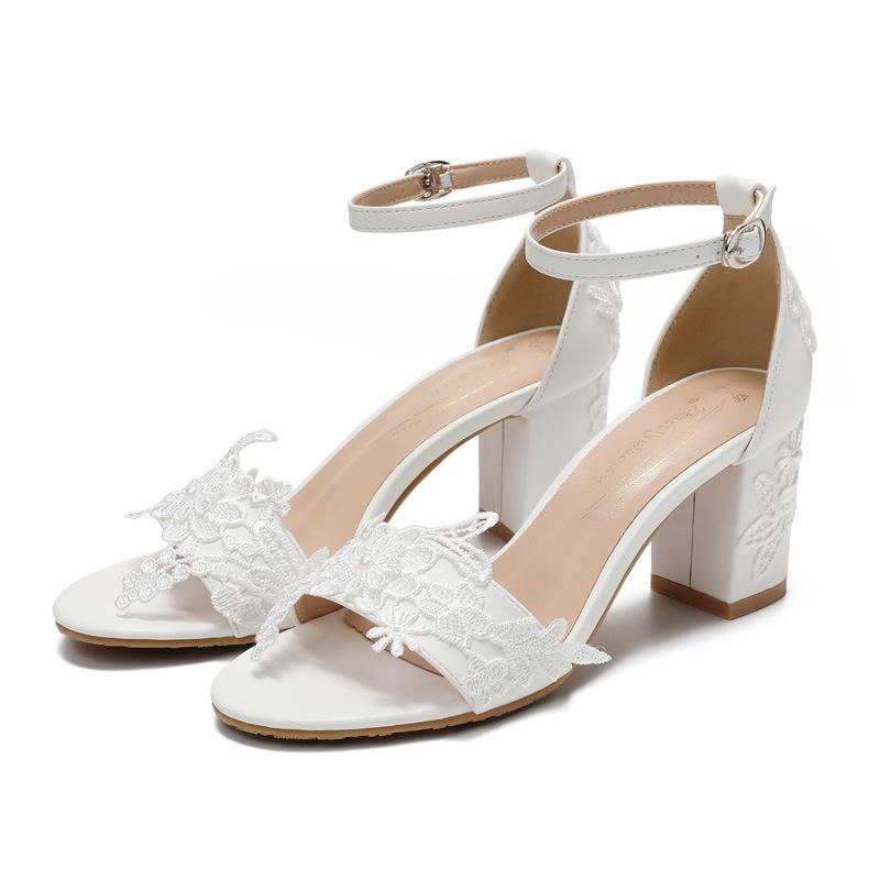 

Прямые продажи с фабрики, новая внешнеторговая модель большого размера, белые туфли на высоком толстом каблуке, с кружевом и цветами, на среднем каблуке, с сандалиями, женская свадебная обувь 43 белый