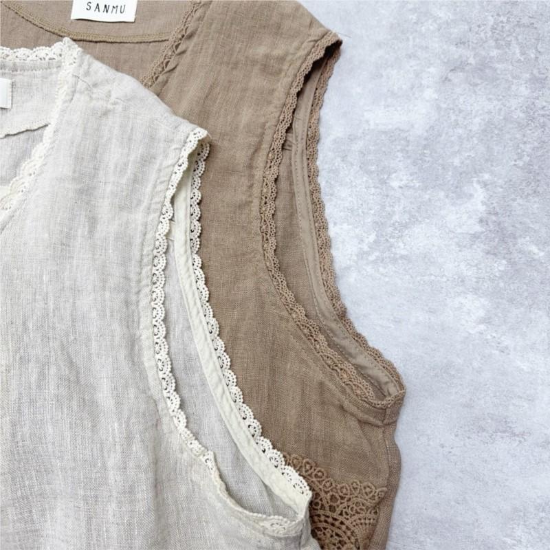 Johnature Japanese Heavy Industry Lace Clip Summer V-neck Loose Versatile Casual Tops
