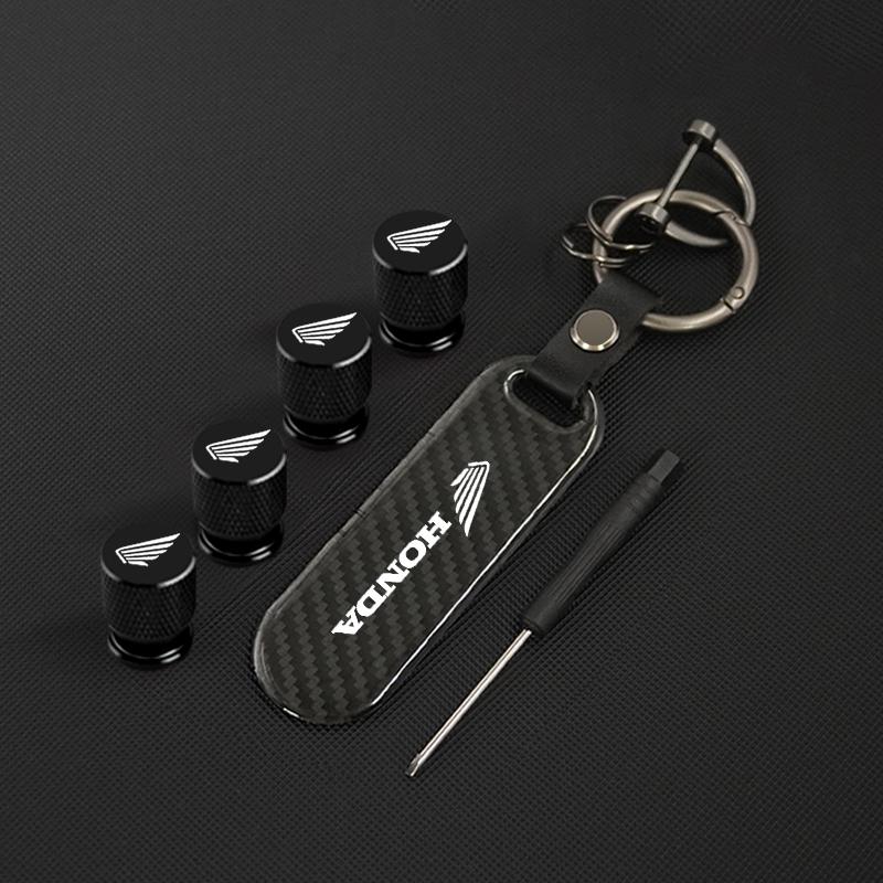QHC2 Motorcycle Carbon Fiber Key Chain with Wheel Tire Valve Caps For Honda CBR 125R 954 600 650F 650R 1100XX 1000F CBR 600RR 1000RR