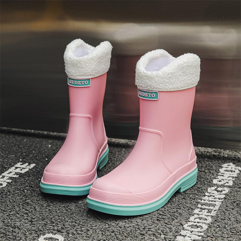 Non-slip women's rain shoes adult medium tube women's waterproof water shoes outdoor kitchen work rain boots velvet rubber shoes
