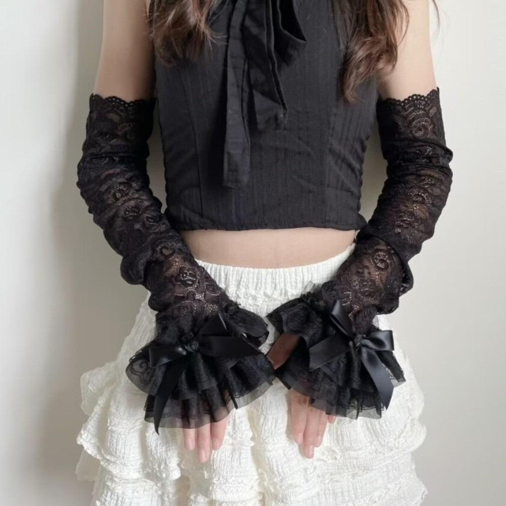 Bow Lace Sleeves Elastic Sunscreen Arm Sleeve Simple Long Sleeved Arm Cover  Outdoor чёрный