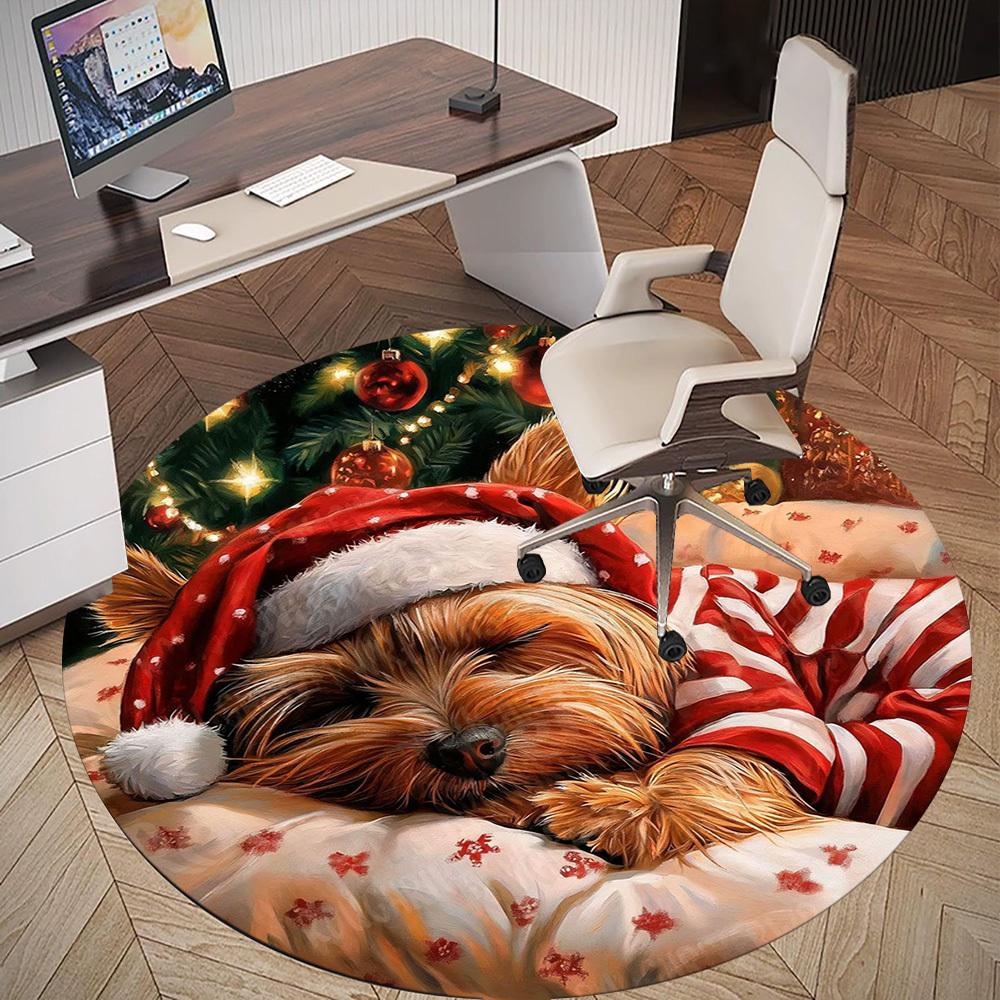 1 Stück Weihnachten Hund Büro Runder Teppich, Unter Bürostühlen Schlafzimmer Wohnzimmer Heimdekoration, Teppich für Büro, -1110212