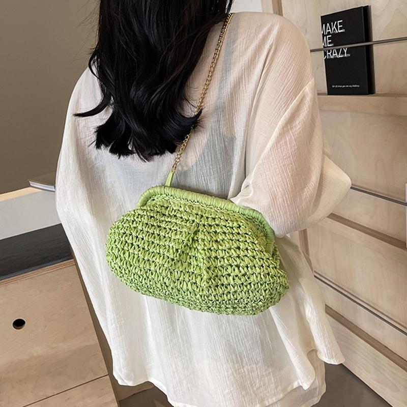 Summer Beach Fashion Hollow Out Women Clip Woven Shoulder Bag Straw Weave Chain Casual Crossbody Bags