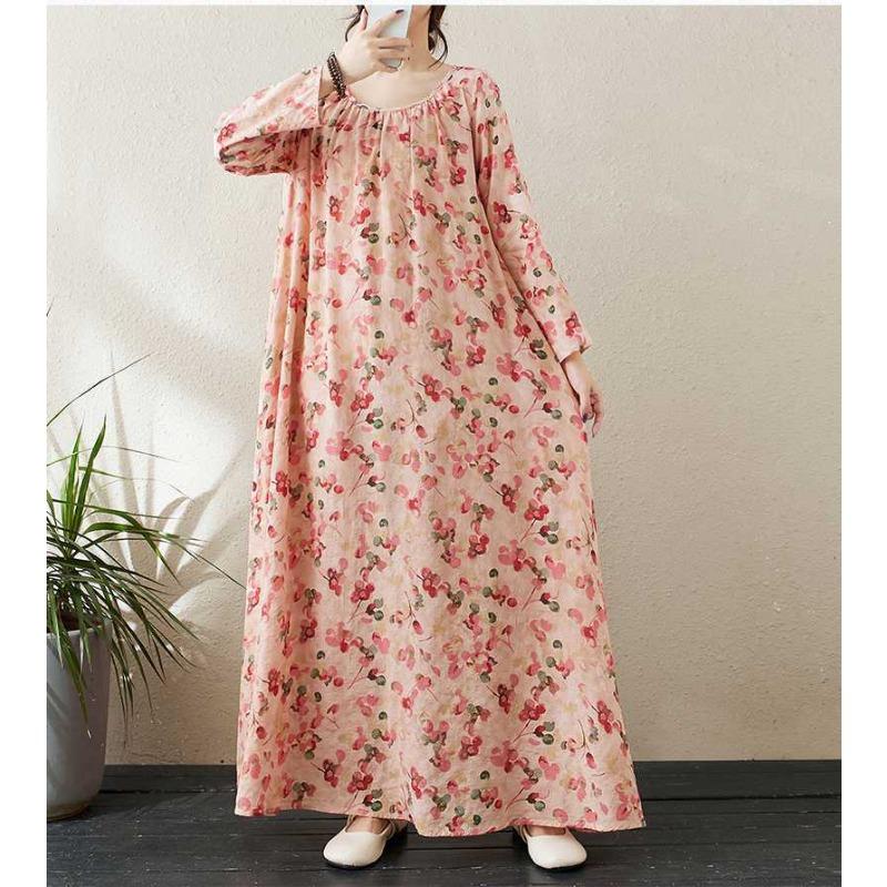 Round Neck Drawstring Loose Minimalist Long Sleeve Extra Long Dress Resort Style