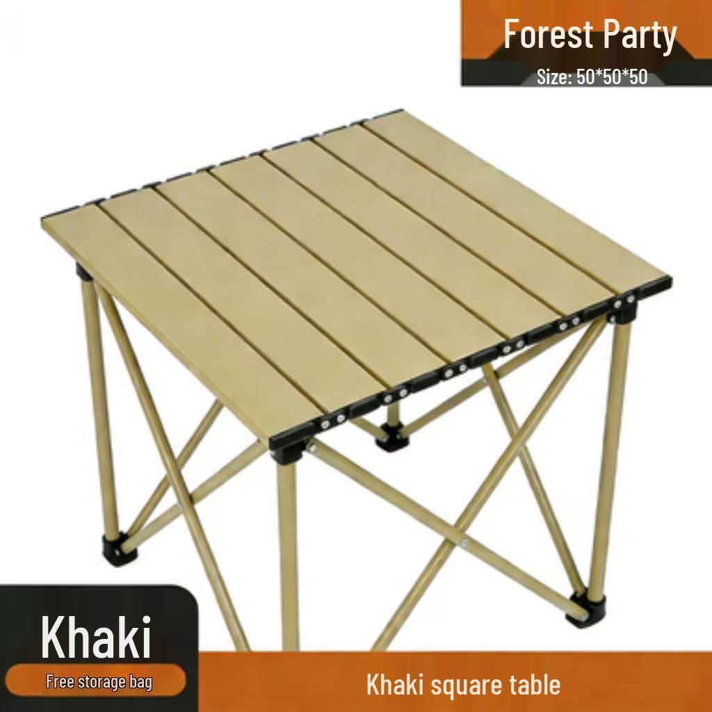 Khaki Portable Outdoor Folding Table and Chair Set with Storage Bag for Camping, Picnics, and Forest Parties.