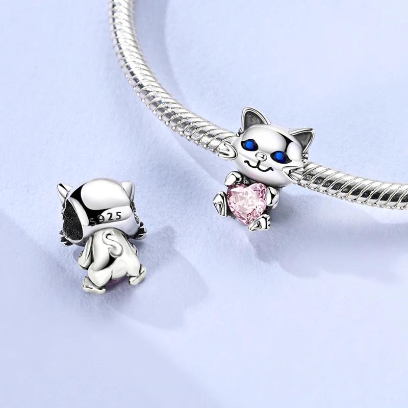 Cute Cat Pink Heart Beads Copper Plated Beads Fit Originalcharms Bracelet Beads Jewelry Fine Gifts For Women