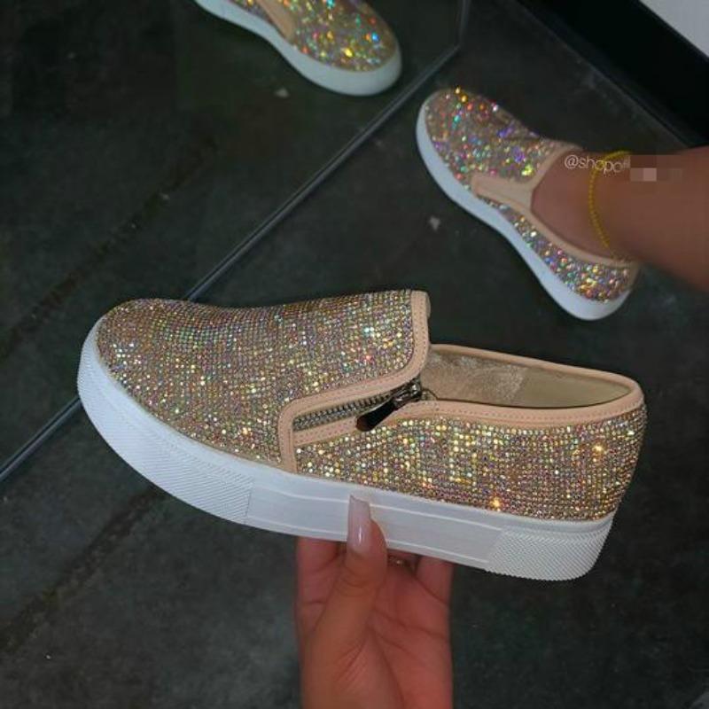2024 New Woman Sneakers Platform Vulcanized Women Bling Crystal Loafers Autumn Women's Casual Flats Female Zip Sport Shoes