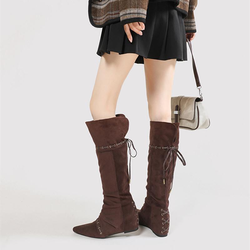 Fashion Autumn Winter Vintage Faux Suede Women Knee-high Boots Fashion Pleated Wedges Heeled Height Increasing Chelsea Long Boots Shoes