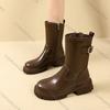 Comemore Womens Mid-calf Boots Leather Chelsea Female Solid Color New Autumn Shoes Side Zip Thick Heeled Bota Feminina