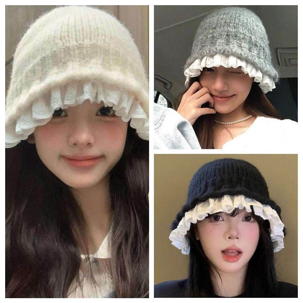 Lace Trim Women Bucket Hat Solid Color Beanie Hat Retro Knitted Fisherman Hat  Women