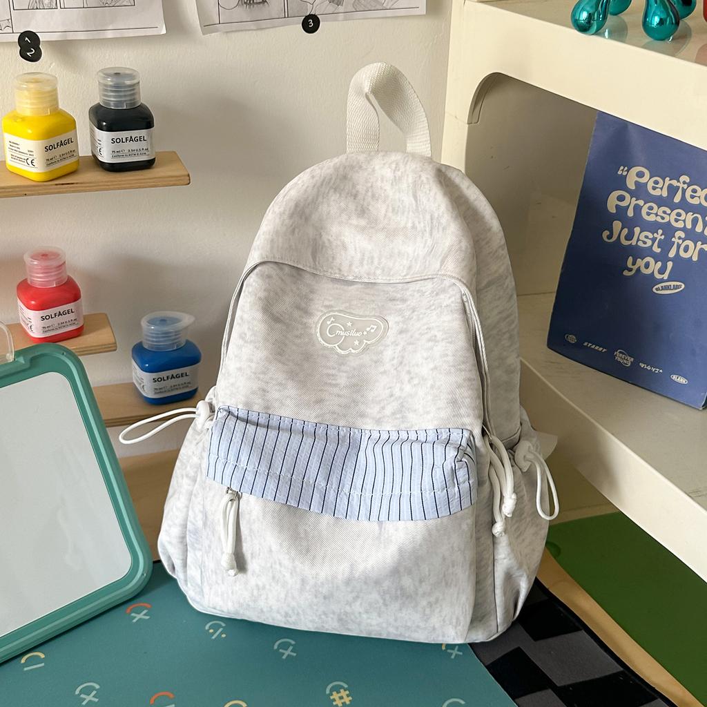 Schoolbag Fog Hemp Gray Blue Stripe Japanese Ins Junior High School Students Campus Class Commuting Versatile Going Out Lightweight Backpack