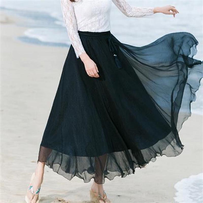 

Длинная летняя пляжная шифоновая юбка-макси с запахом для женщин, плиссированные юбки для танцев и вечеринок с высокой талией XL