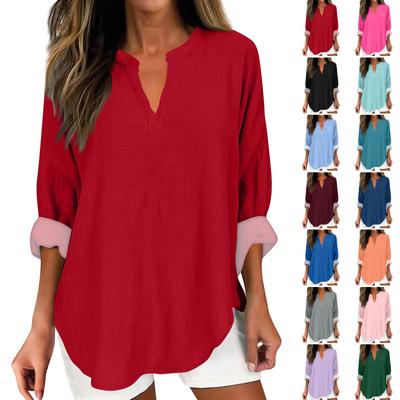 Women's Fashion Casual Solid Color Printed Drop Shoulder Long Sleeve V-Neck Women's Hemp Top