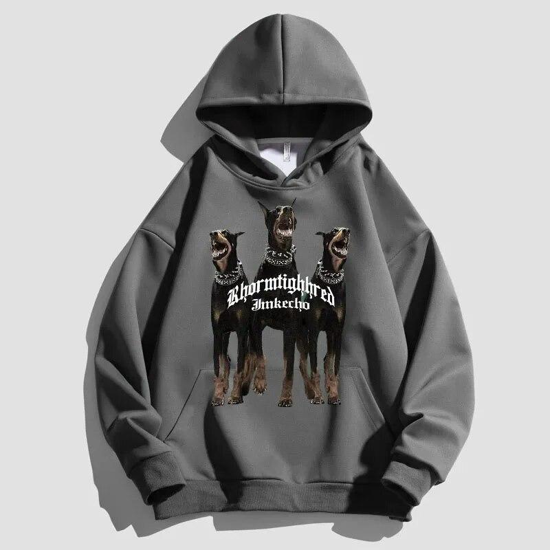 Autumn Unisex's Hooded Sportswear Doberman Print Retro Pullover Hoodies Fashion Casual Couple's Streetwear Unisex Oversized Clothes