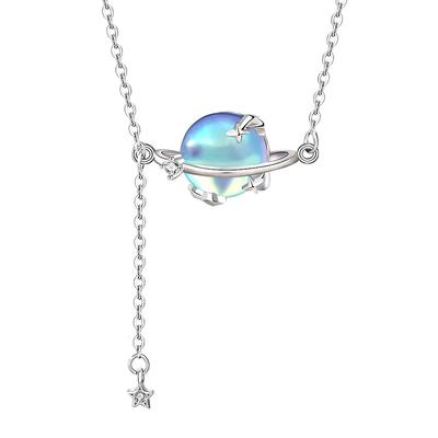 Originele Maansteen Ketting Dames 925 Sterling Zilver Mori Systeem Planeet Hanger Niche Fringe Lange Sleutelbeen Choker Sieraden
