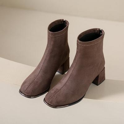 Módní kotníkové boty pro ženy Jaro Podzim Šedé Černé Dámské boty Robustní střední podpatek Semišové Krátké Botas Čtvercový špička Zadní zip Botines