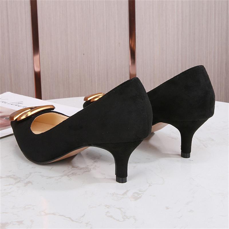 Women 5cm High Heels Metal Flock Pumps Lady Pointed Toe Low Heels Female Mom Office Casual Quality Shoes