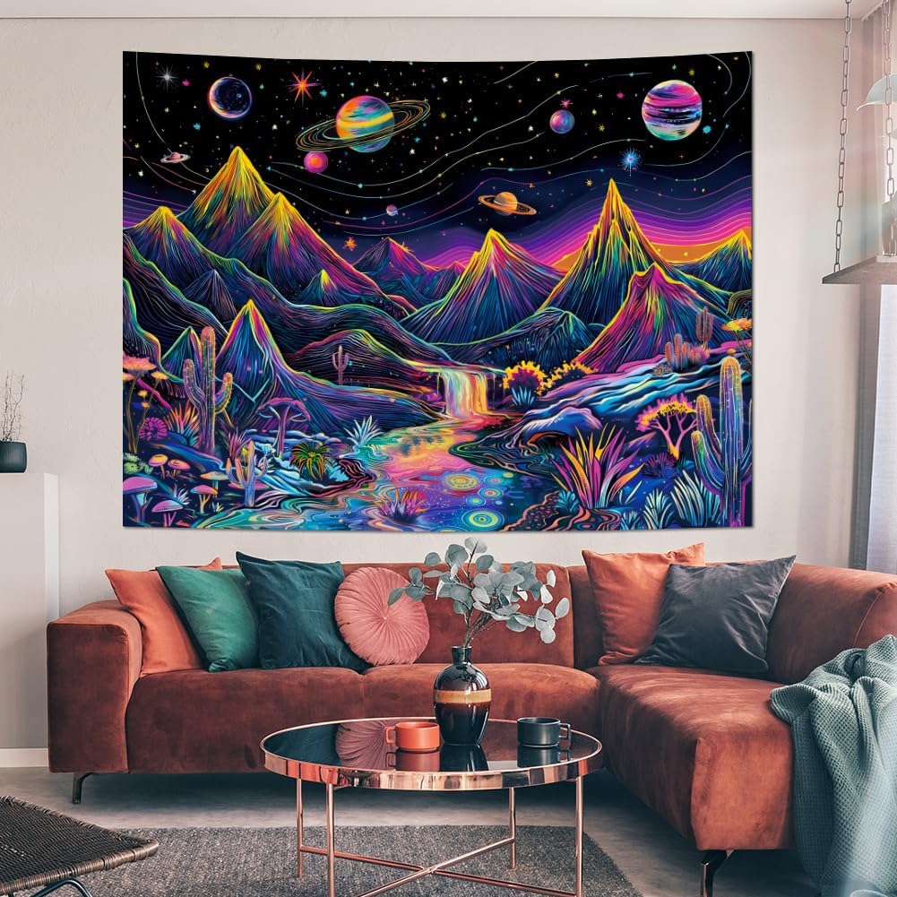Leofanger Tapiz de montaña con luz negra, tapiz floral de plantas trippy, reactivo a los rayos UV, tapiz de pared con galaxia, planeta, cascada de