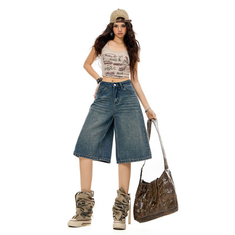 Trendy Summer Heavy Washed Denim Cropped Capri Pants Ladies Mid Rise Loose Straight Wide Leg Trousers Versatile Slimming FigureFlattering Casual Style