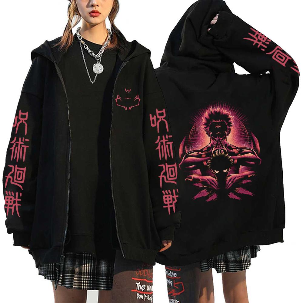 Damer Herrar Anime Zip Hoodies Jujutsu Kaisen Plus Size Dragkedjejackor Gojo Satoru Tryckt Sweatshirt Y2k Harajuku Unisex med Huva