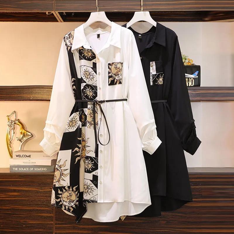 Eleganti Abiti Monopetto al Ginocchio da Donna Stampa Vintage A-line Larghi Collo Polo Donna Primavera Taglie Forti
