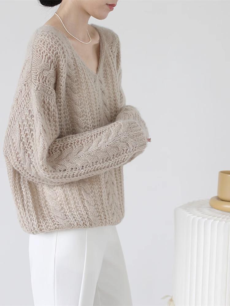 Women's Soft Mohair V-Neck Sweater - French Style, Lightweight Spring Knitwear
