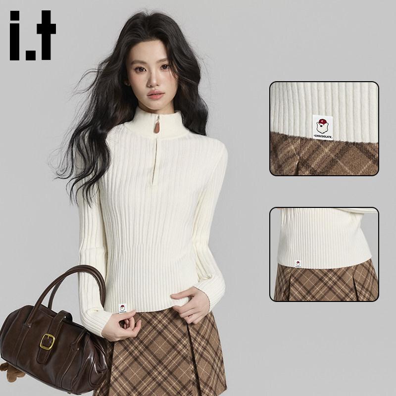 CHOCOOLATEit Women s Korean Style Half-Zip Ribbed Knit Sweater One Size