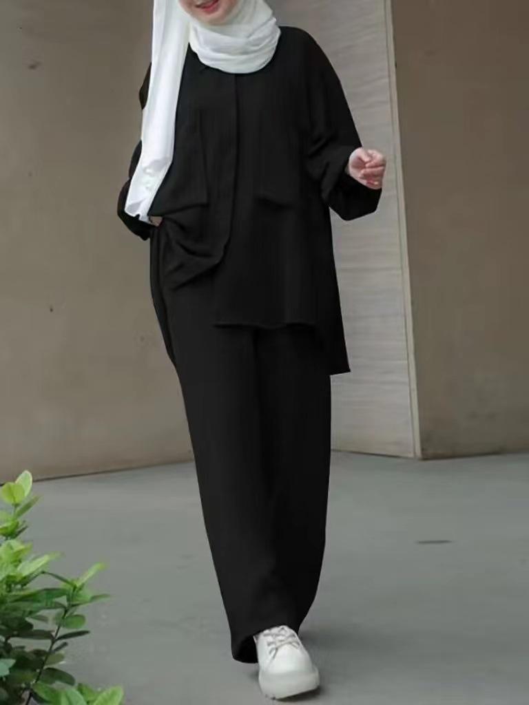 Middle East Muslim Long Sleeve Patch Pocket Shirt & Elastic Waist Pants Set