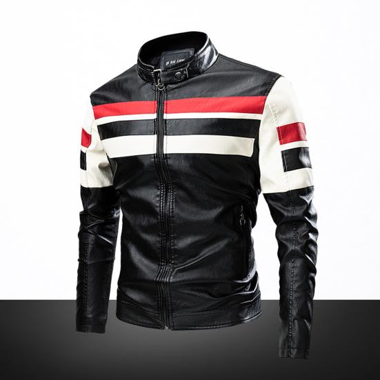Men Jacket Color Block Long Sleeve Pockets Stand Collar Faux Leather Zipper Coat for Working