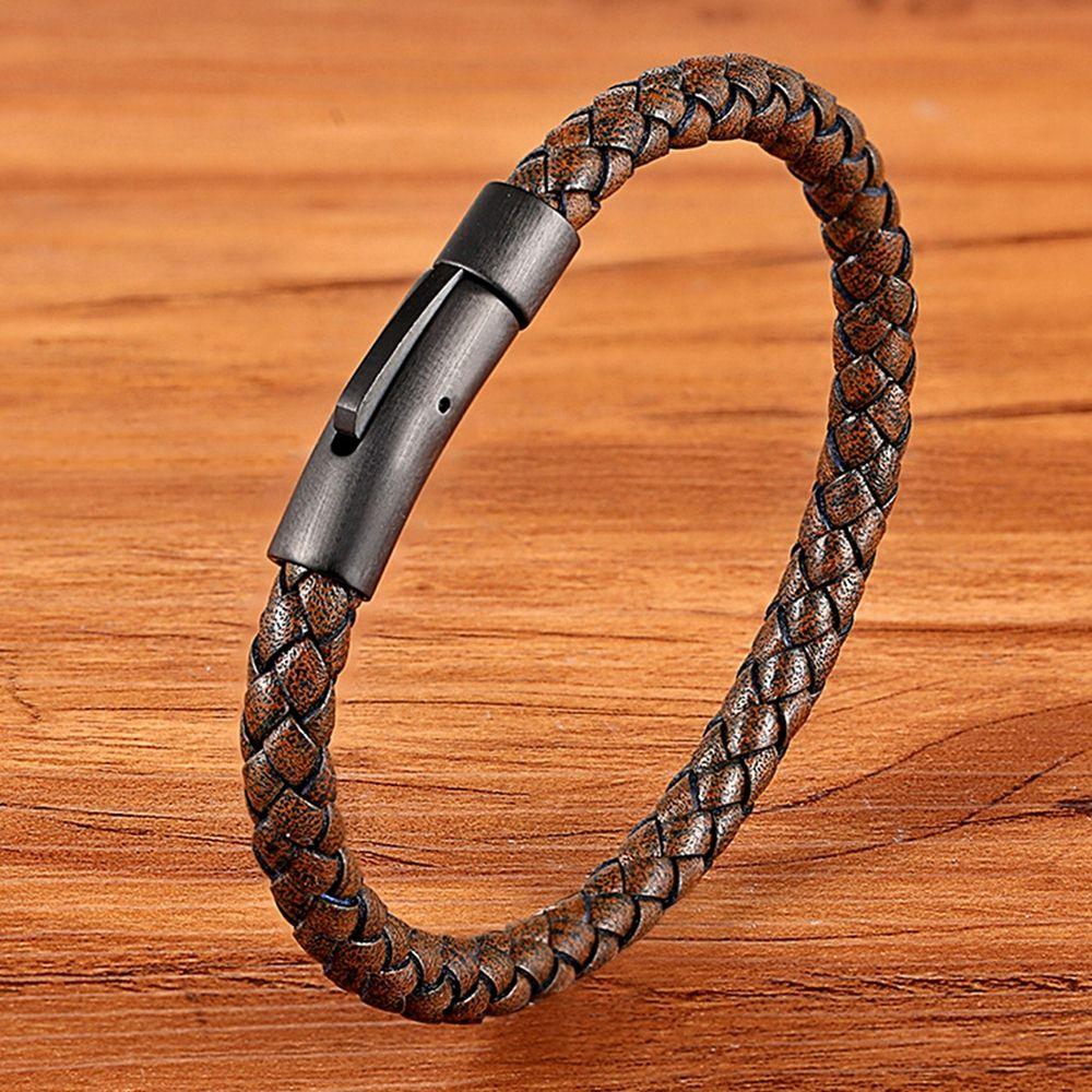 New Classic Style Men Leather Bracelet Simple Black Stainless Steel Button Neutral Accessories Hand-woven Jewelry Gifts