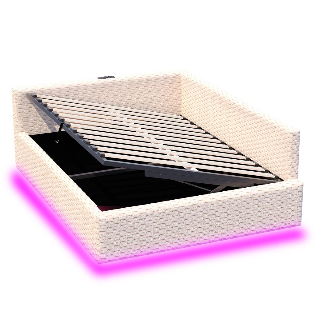 Letto imbottito 140 x 200 cm con illuminazione a LED, porte Type-C e due USB, schienale angolare a L, velluto, telaio letto idraulico Beige (Materasso non incluso)