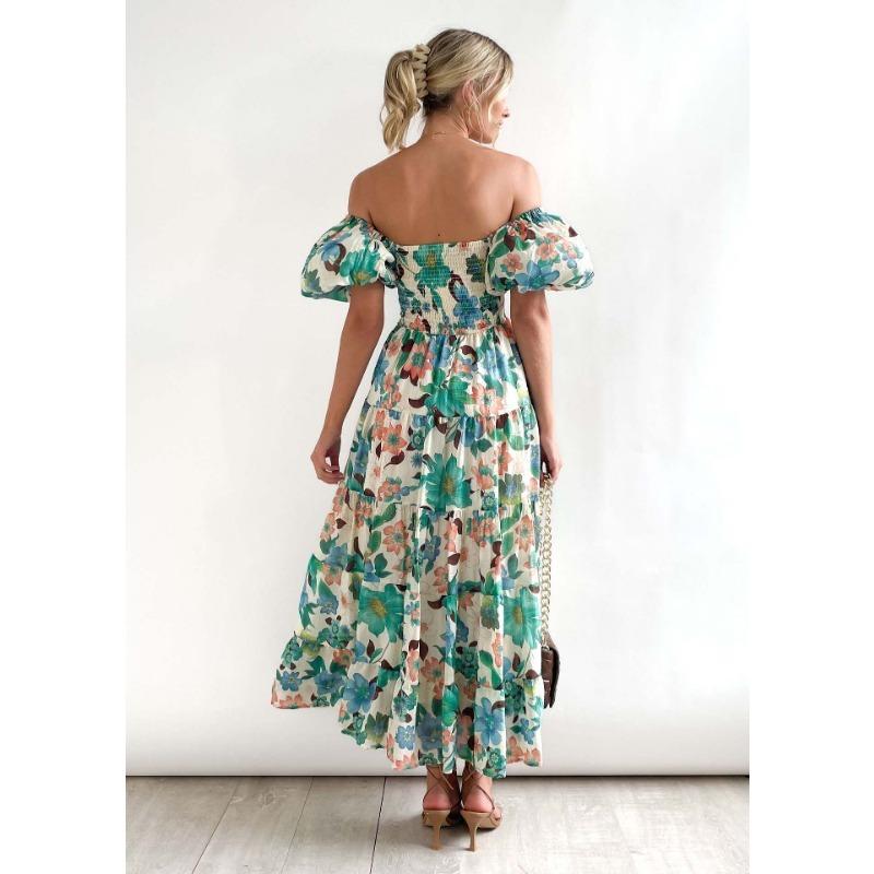 Women's Fashion Summer Spring Flower Pattern Print Short Sleeve One Shoulder High Waist Casual Dresses