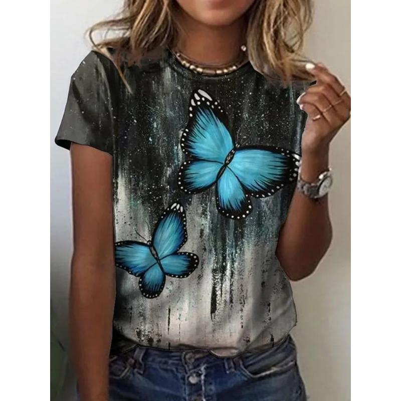 

Fashion Women s Crew Neck Short Sleeve Crew Neck T-Shirt Butterfly Short Sleeve 3D Butterfly Color Printing XS