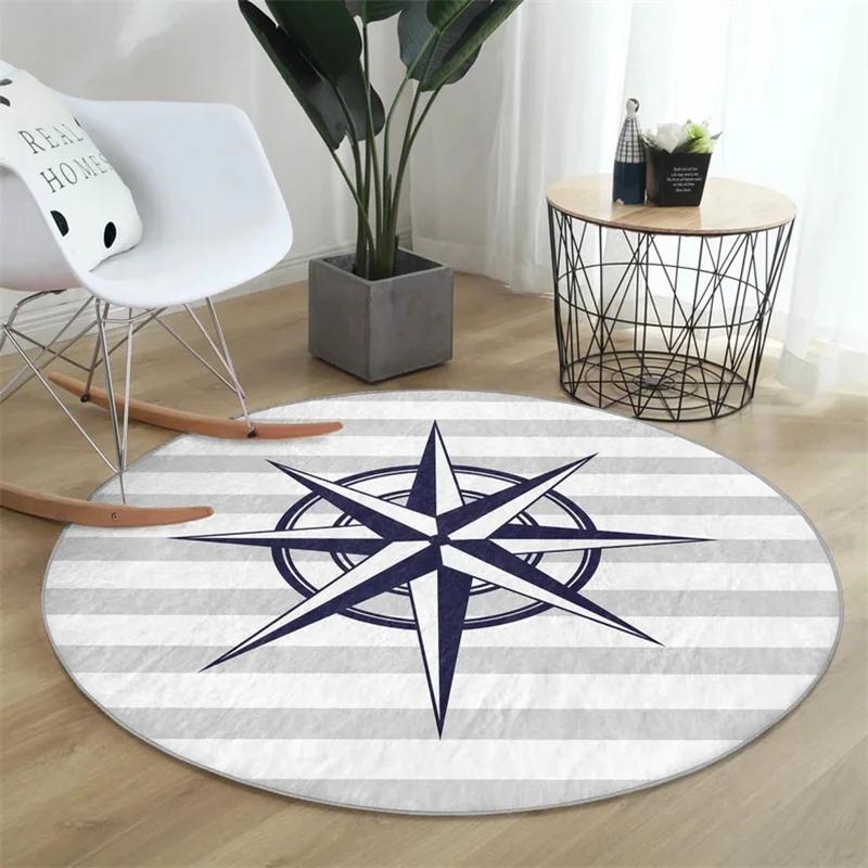 Marine Round Rug Compass Floor Carpet Wheel Non Slip Circle Rugs Sailor Anti Slip Mat Anchor Area Rugs Blue Rug for Living Room
