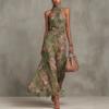  New European and American Style Independent Station Neck Printing Chiffon Long Dress Holiday Style Waist Thin Pleated Dress