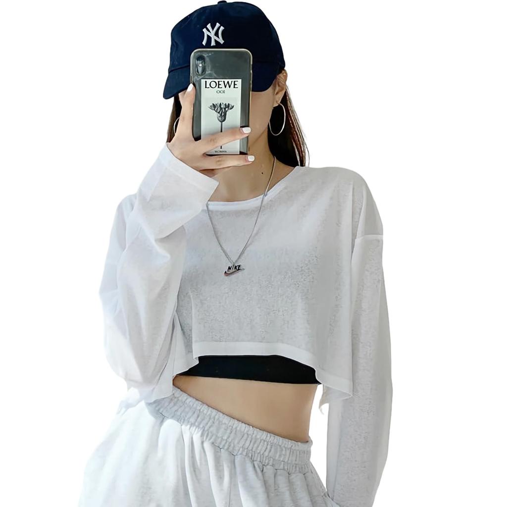 Yuoku Crop Short Loose Long Streetwear Dance Hip Jazz Women's Top, Hoodie, Fit, Thin, Sheer, Sleeves, Pullover, Layering, Midriff-Baring, Costume,