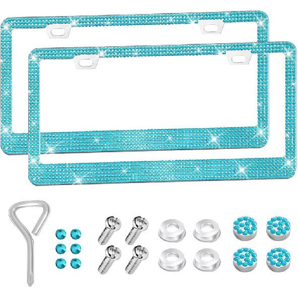 Bling Car License Plate Frame, 2PCS Crystal Sparkly Rhinestone Stainless Steel Vehicle License Plate Holder for Women Girl, Diamond Automotive
