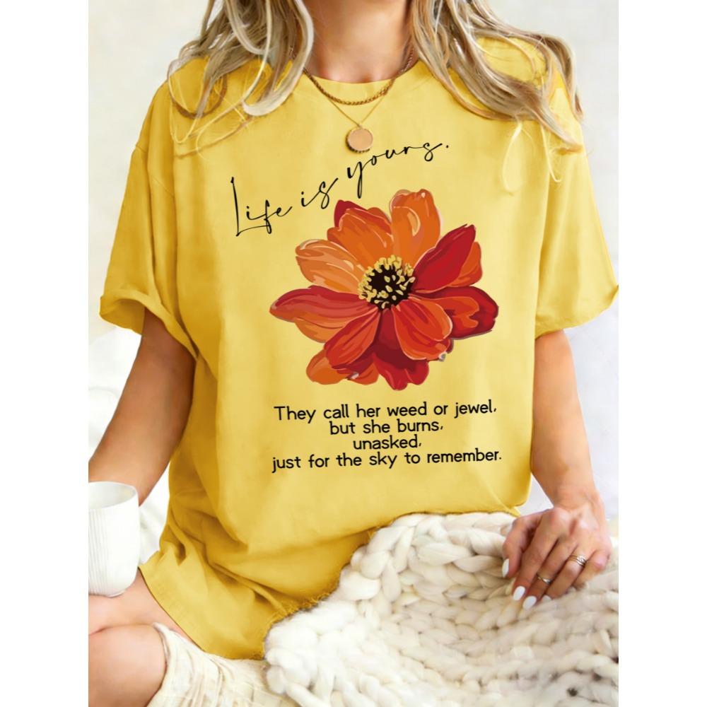 

Life Is Yours Beautiful Flower Print Women T-Shirt Cotton Short Sleeves Casual Summer T Shirts Loose Breathable Streetwear 3XL