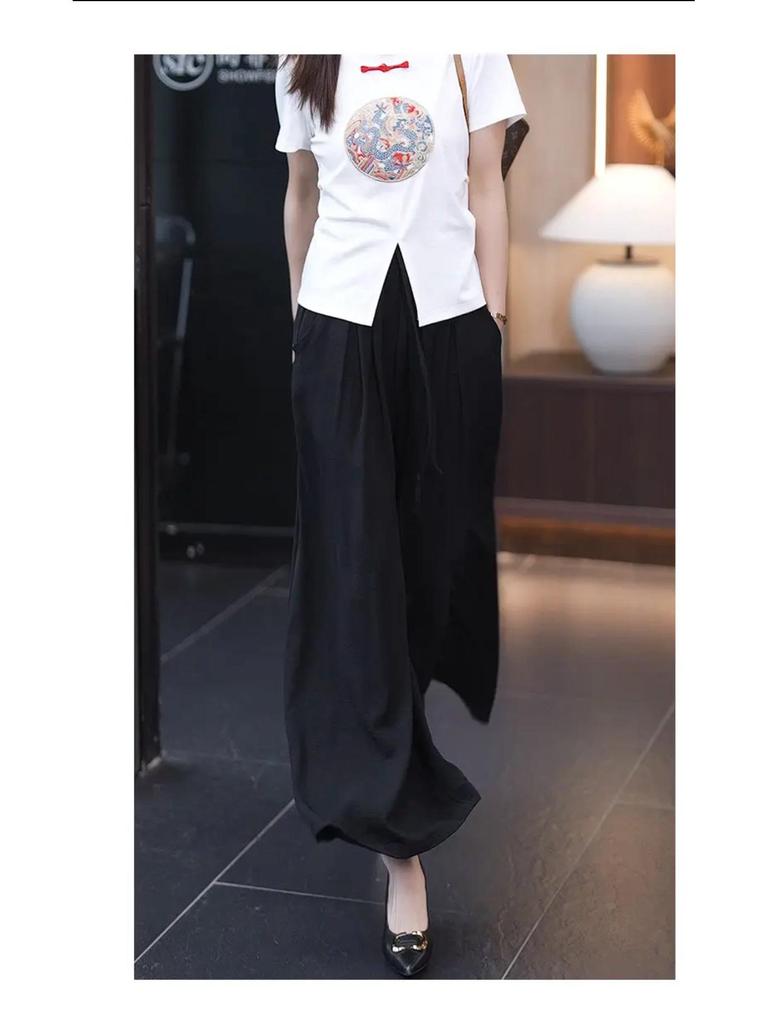 Plus Size Wide-Leg Ice Silk Culottes: Summer Women's Casual Drape Pants with Lazy Pleats