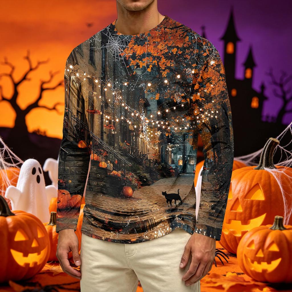 Men's Casual Long Sleeve T Shirt Crew Neck Halloween Pumpkin Print Lightweight Comfortable Fit Top for Everyday Wear