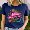 Polyester 100% Cowgirl Hat & Roses Print T-Shirt T-shirt - Casual Crew Neck Short Sleeve T-shirt, Knit Graphic Women Clothes Summer