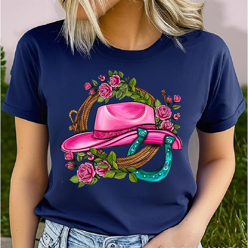 Polyester 100% Cowgirl Hat & Roses Print T-Shirt T-shirt - Casual Crew Neck Short Sleeve T-shirt, Knit Graphic Women Clothes Summer